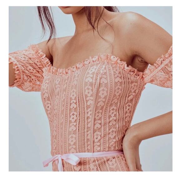 For Love & Lemons Peach Dakota Lace Off Shoulder Bustier Corset Dress Medium - Picture 8 of 15